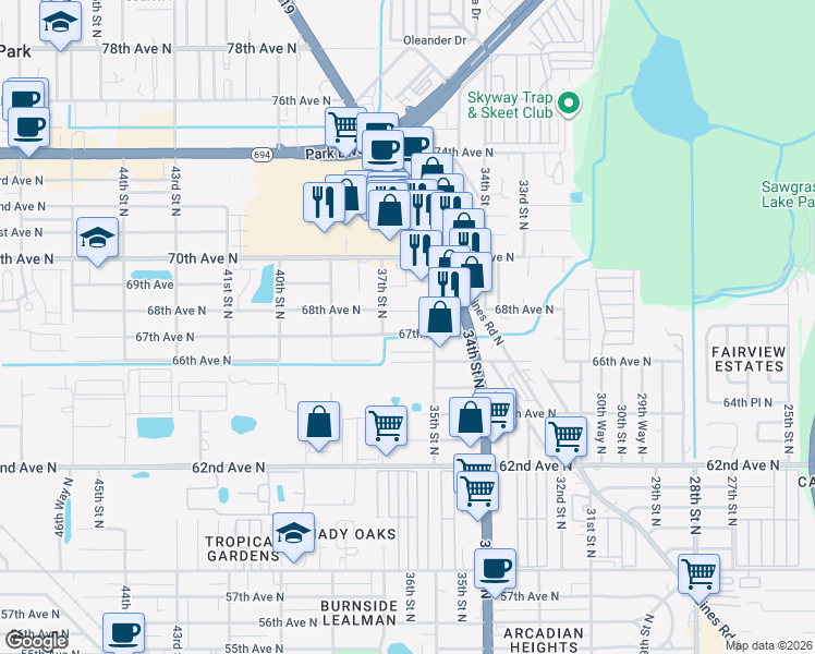 map of restaurants, bars, coffee shops, grocery stores, and more near 3621 66th Terrace North in Pinellas Park