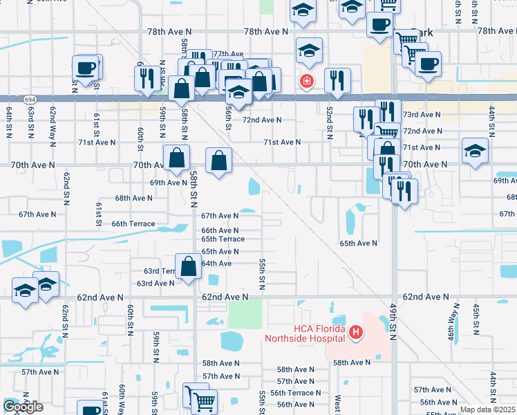 map of restaurants, bars, coffee shops, grocery stores, and more near 5510 67th Avenue North in Pinellas Park