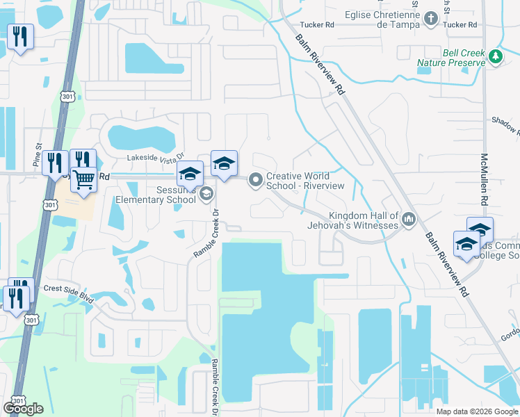 map of restaurants, bars, coffee shops, grocery stores, and more near 11527 Bay Gardens Loop in Riverview