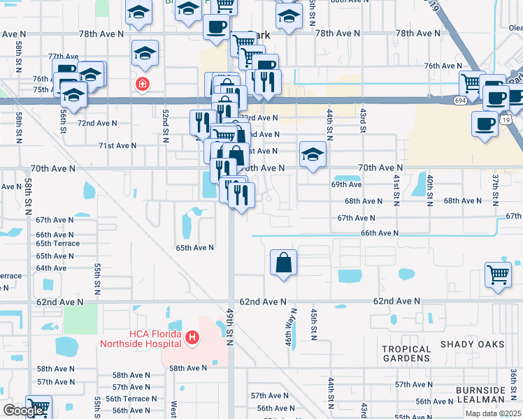 map of restaurants, bars, coffee shops, grocery stores, and more near 4721 67th Avenue North in Pinellas Park