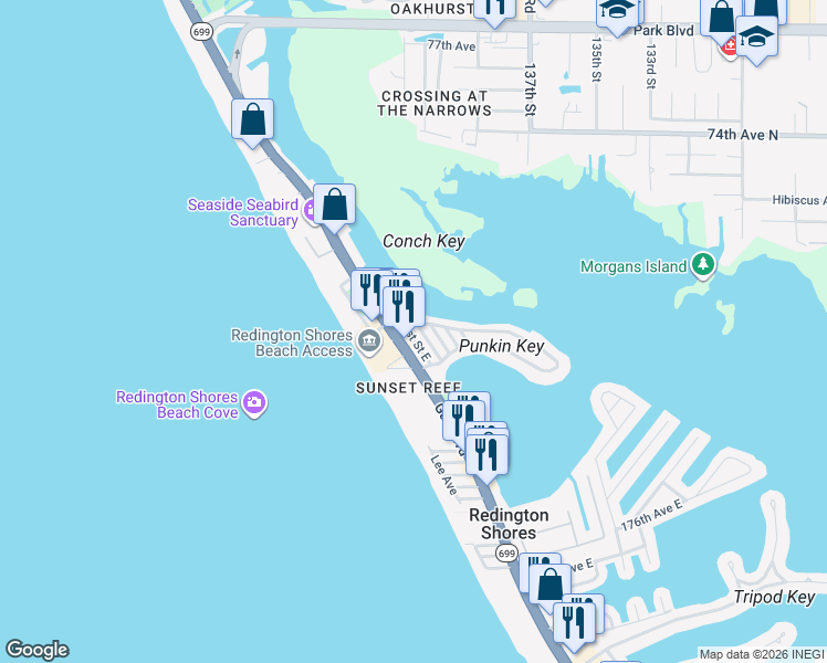 map of restaurants, bars, coffee shops, grocery stores, and more near 118 182nd Avenue East in Redington Shores