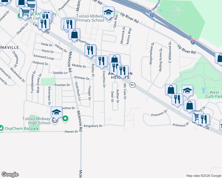 map of restaurants, bars, coffee shops, grocery stores, and more near 2744 Deer Street in Corpus Christi