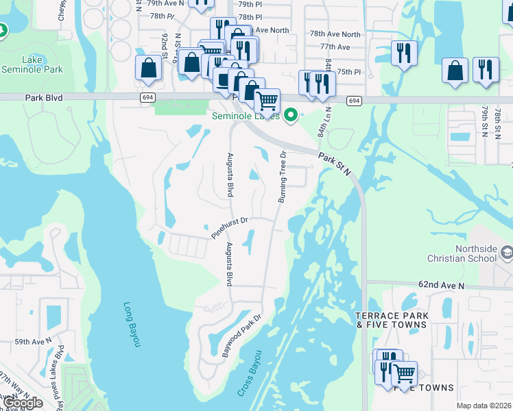 map of restaurants, bars, coffee shops, grocery stores, and more near 6729 Tequesta Drive in Seminole