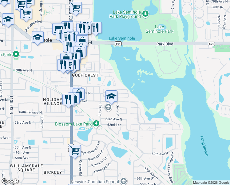 map of restaurants, bars, coffee shops, grocery stores, and more near 10399 67th Avenue North in Seminole
