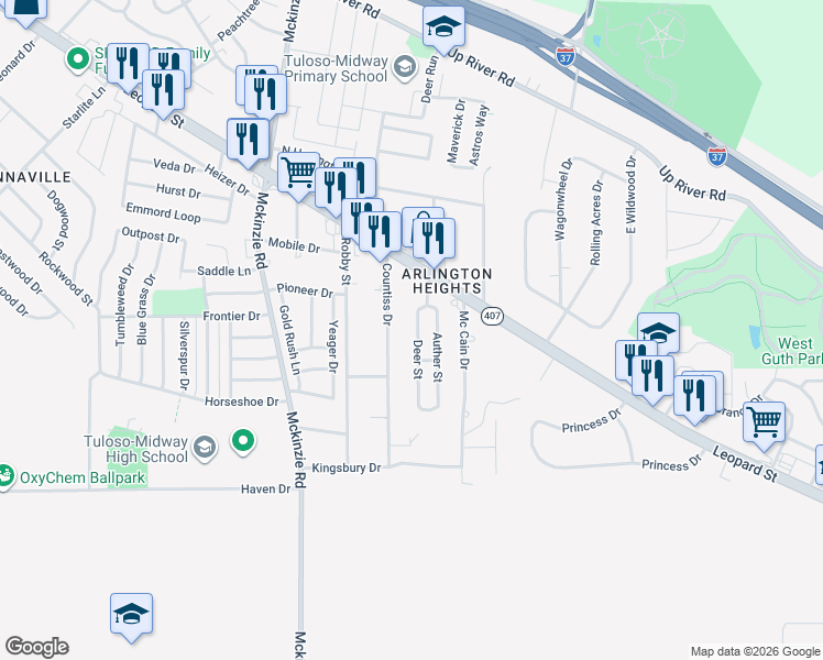 map of restaurants, bars, coffee shops, grocery stores, and more near 2744 Deer Street in Corpus Christi