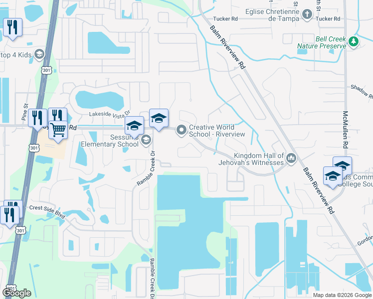 map of restaurants, bars, coffee shops, grocery stores, and more near 11529 Bay Gardens Loop in Riverview