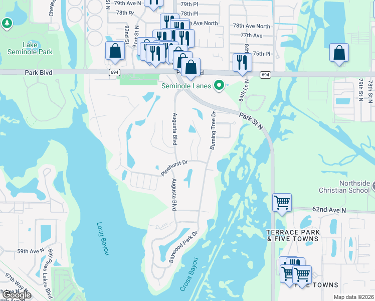 map of restaurants, bars, coffee shops, grocery stores, and more near 6742 Tequesta Drive in Seminole