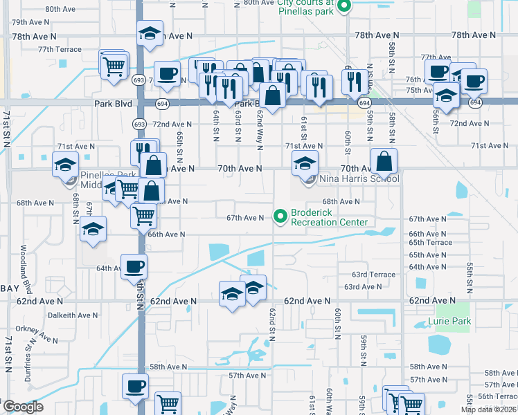 map of restaurants, bars, coffee shops, grocery stores, and more near 6802 62nd Street North in Pinellas Park