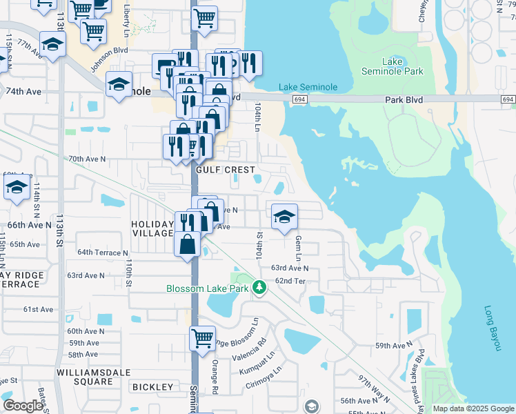 map of restaurants, bars, coffee shops, grocery stores, and more near 10462 104th Street in Seminole