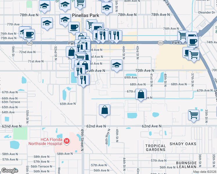 map of restaurants, bars, coffee shops, grocery stores, and more near 6771 46th Lane North in Pinellas Park