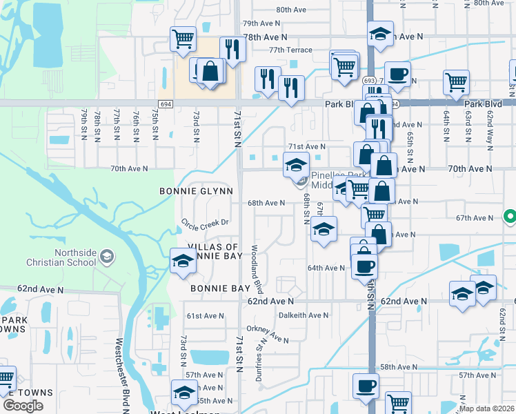 map of restaurants, bars, coffee shops, grocery stores, and more near 7060 68th Avenue North in Pinellas Park