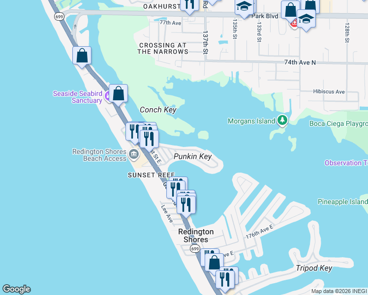 map of restaurants, bars, coffee shops, grocery stores, and more near 566 182nd Avenue East in Redington Shores