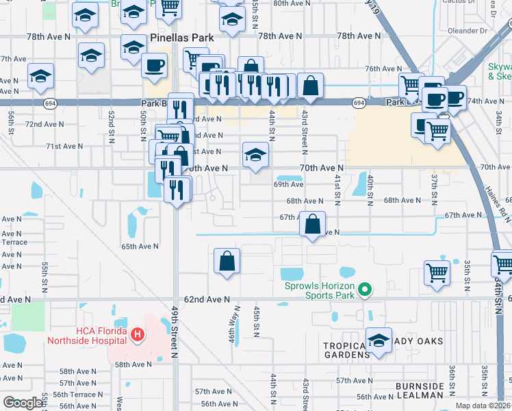 map of restaurants, bars, coffee shops, grocery stores, and more near 4511 68th Avenue North in Pinellas Park