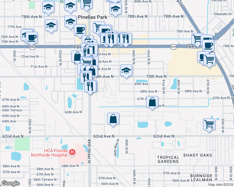 map of restaurants, bars, coffee shops, grocery stores, and more near 6814 46th Lane North in Pinellas Park