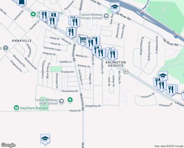 map of restaurants, bars, coffee shops, grocery stores, and more near 2733 Robby Street in Corpus Christi