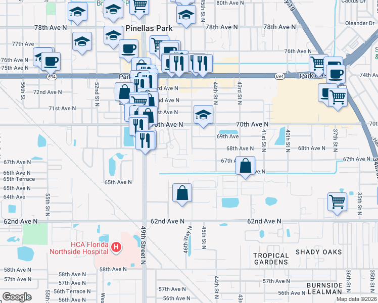 map of restaurants, bars, coffee shops, grocery stores, and more near 6814 46th Lane North in Pinellas Park