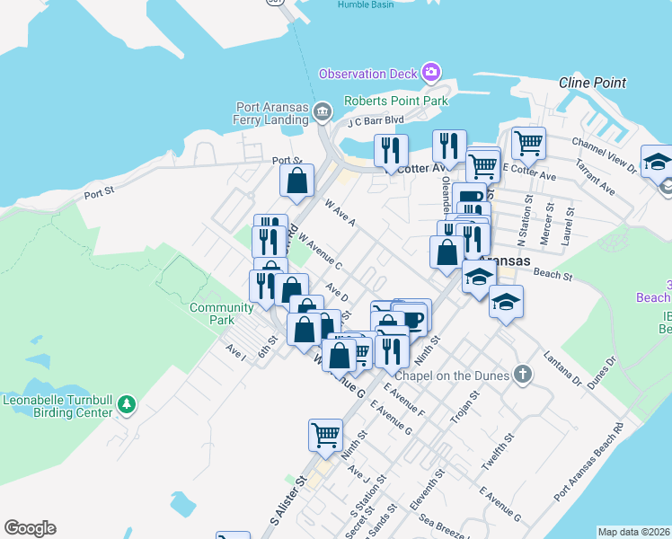 map of restaurants, bars, coffee shops, grocery stores, and more near 215 6th Street in Port Aransas