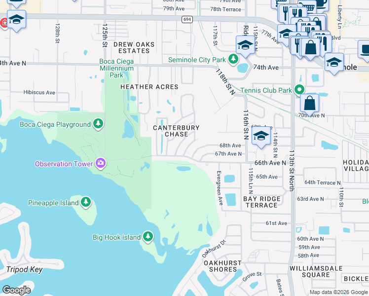 map of restaurants, bars, coffee shops, grocery stores, and more near 12055 68th Terrace in Seminole