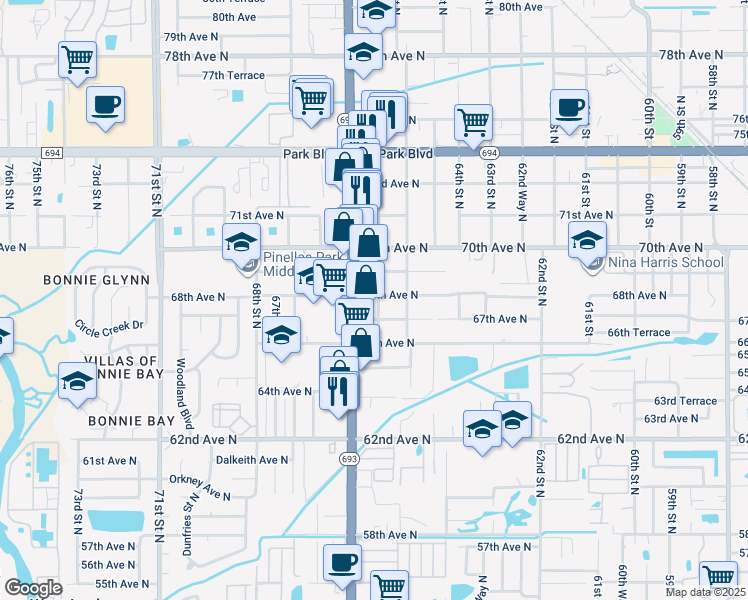 map of restaurants, bars, coffee shops, grocery stores, and more near 6851 66th Street North in Pinellas Park