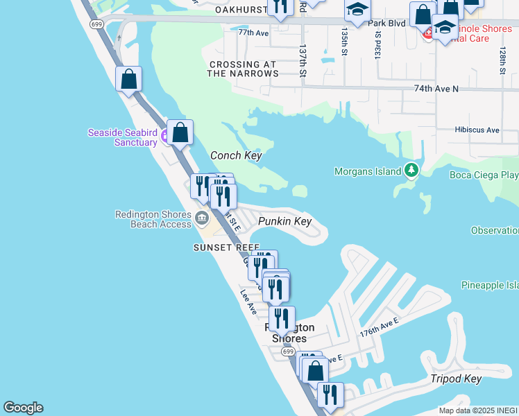 map of restaurants, bars, coffee shops, grocery stores, and more near 500 182nd Avenue East in Redington Shores