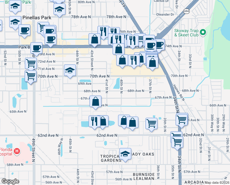 map of restaurants, bars, coffee shops, grocery stores, and more near 4040 68th Avenue North in Pinellas Park