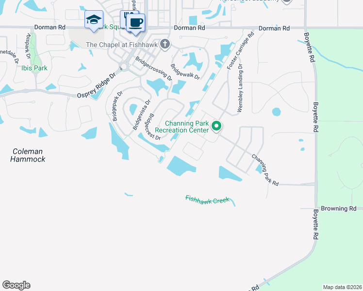 map of restaurants, bars, coffee shops, grocery stores, and more near 17433 New Cross Circle in Lithia
