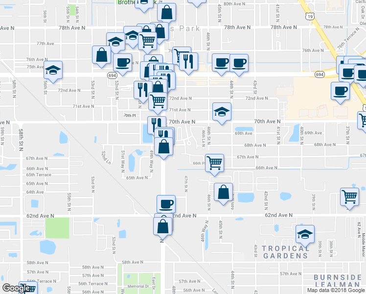 map of restaurants, bars, coffee shops, grocery stores, and more near 4728 68th Avenue North in Pinellas Park