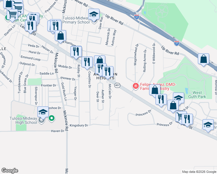 map of restaurants, bars, coffee shops, grocery stores, and more near 10115 Leopard Street in Corpus Christi