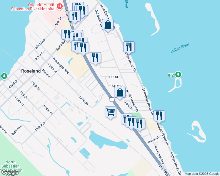 map of restaurants, bars, coffee shops, grocery stores, and more near 7550 131st Street in Sebastian