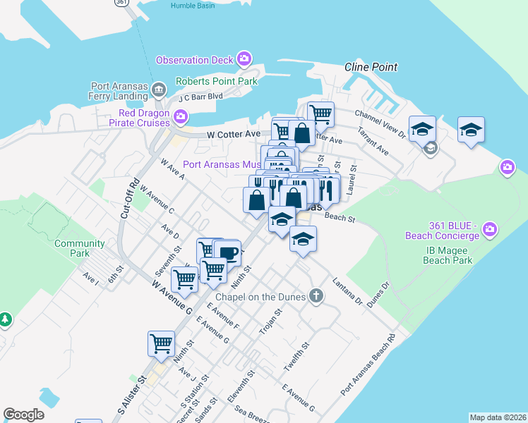 map of restaurants, bars, coffee shops, grocery stores, and more near 215 North Alister Street in Port Aransas