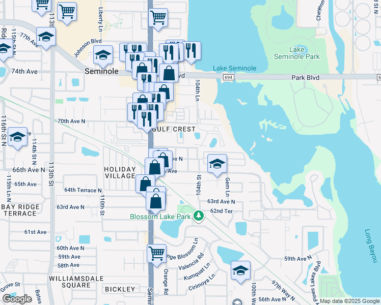 map of restaurants, bars, coffee shops, grocery stores, and more near 10462 104th Street in Seminole