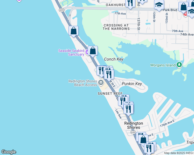 map of restaurants, bars, coffee shops, grocery stores, and more near 18213 Sunset Boulevard in Redington Shores