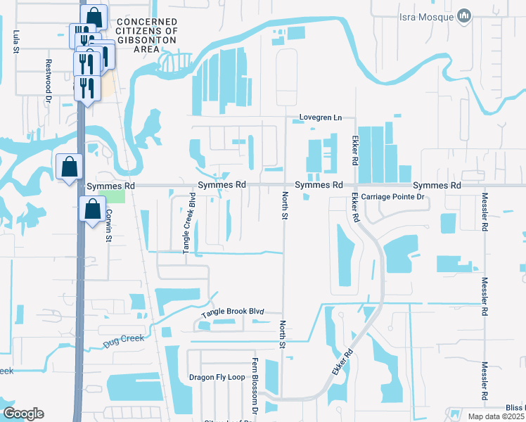 map of restaurants, bars, coffee shops, grocery stores, and more near 11508 Campbell Meyer Lane in Gibsonton
