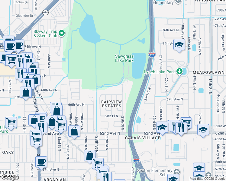 map of restaurants, bars, coffee shops, grocery stores, and more near 2612 68th Avenue North in St. Petersburg