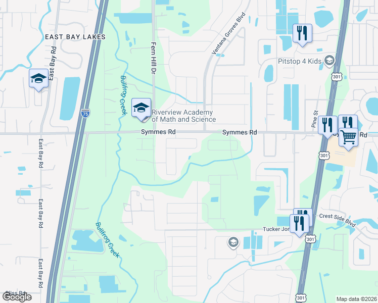 map of restaurants, bars, coffee shops, grocery stores, and more near 11318 Ivy Flower Loop in Riverview