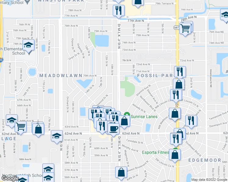 map of restaurants, bars, coffee shops, grocery stores, and more near 6713 10th Street North in Saint Petersburg
