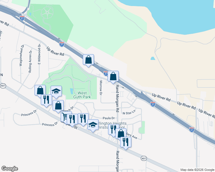map of restaurants, bars, coffee shops, grocery stores, and more near 9443 Up River Road in Corpus Christi