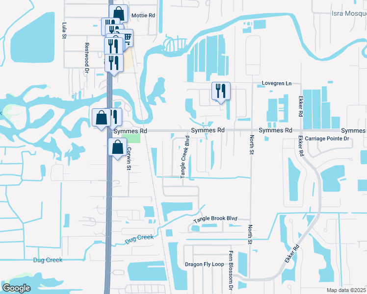 map of restaurants, bars, coffee shops, grocery stores, and more near 11519 Tangle Creek Boulevard in Gibsonton