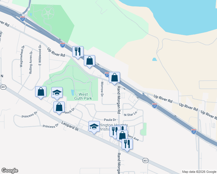 map of restaurants, bars, coffee shops, grocery stores, and more near 9443 Up River Road in Corpus Christi