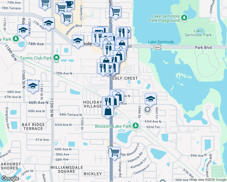 map of restaurants, bars, coffee shops, grocery stores, and more near 6790 106th Street North in Seminole