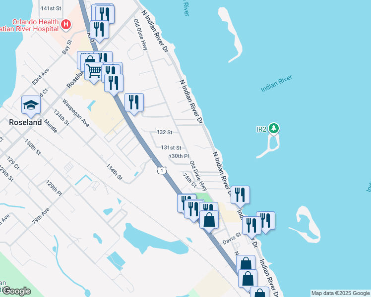 map of restaurants, bars, coffee shops, grocery stores, and more near 4301 131st Street in Sebastian