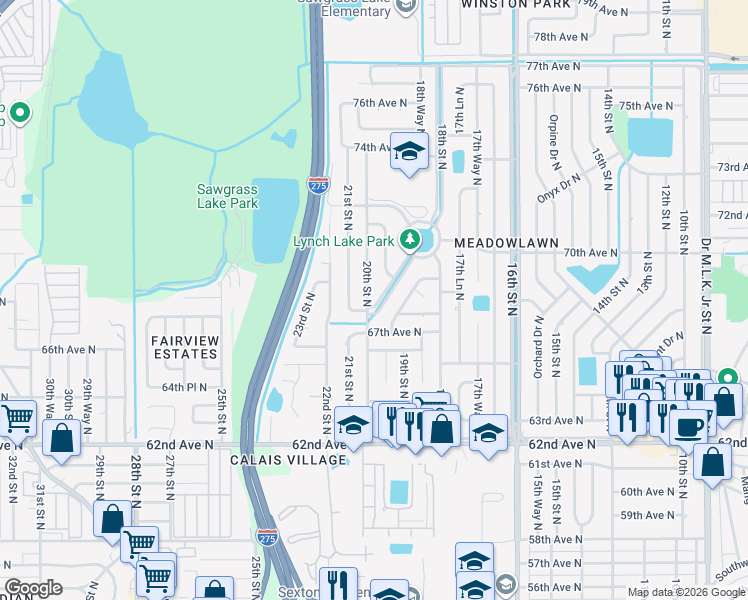 map of restaurants, bars, coffee shops, grocery stores, and more near 6835 George M Lynch Drive North in St. Petersburg