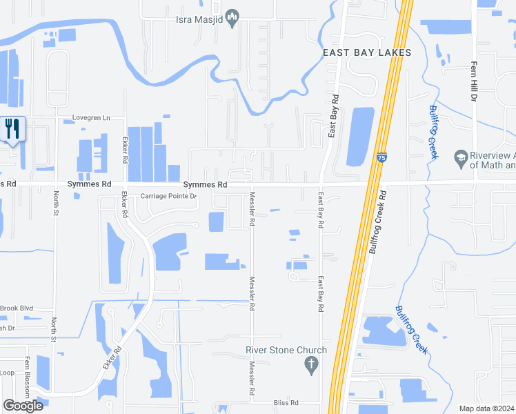 map of restaurants, bars, coffee shops, grocery stores, and more near 11508 Messler Road in Gibsonton