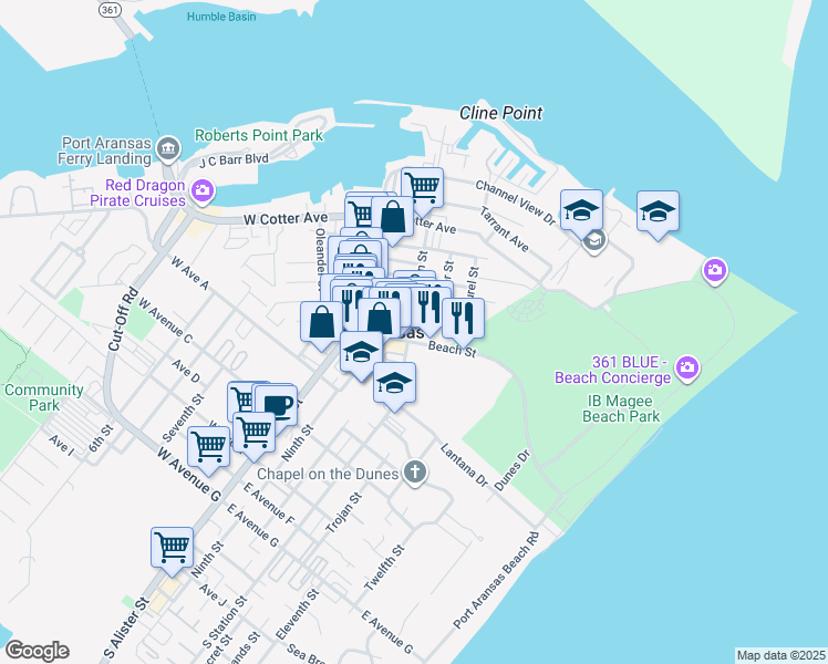 map of restaurants, bars, coffee shops, grocery stores, and more near 303 Beach Street in Port Aransas