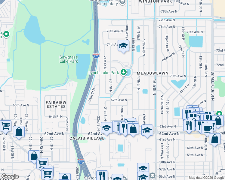 map of restaurants, bars, coffee shops, grocery stores, and more near 6835 George M Lynch Drive North in St. Petersburg