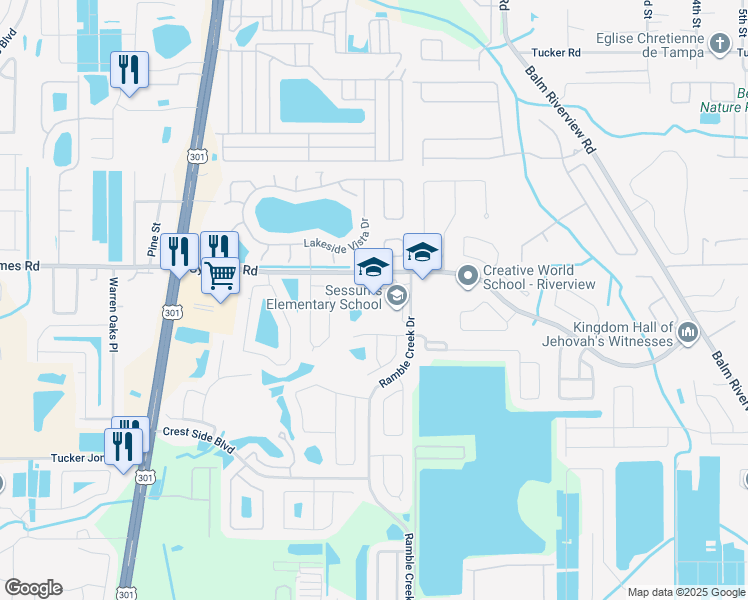 map of restaurants, bars, coffee shops, grocery stores, and more near 11525 Ramble Creek Drive in Riverview