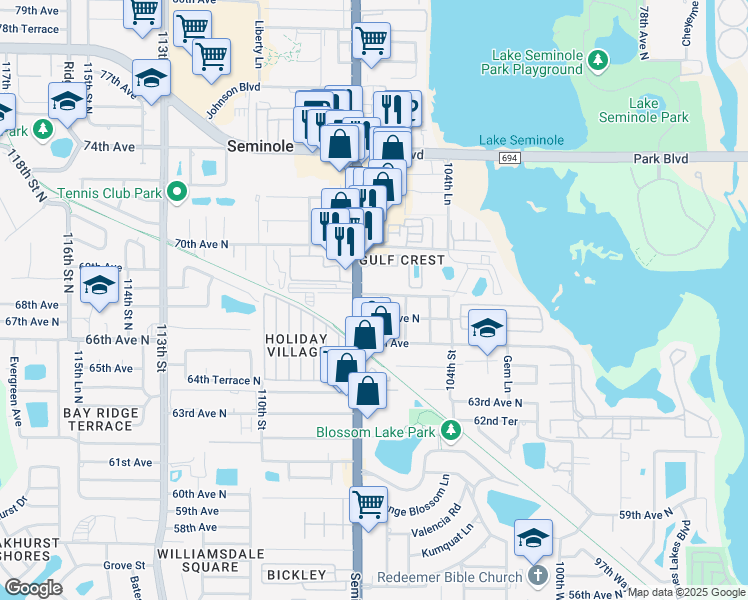 map of restaurants, bars, coffee shops, grocery stores, and more near 6790 106th Street North in Seminole