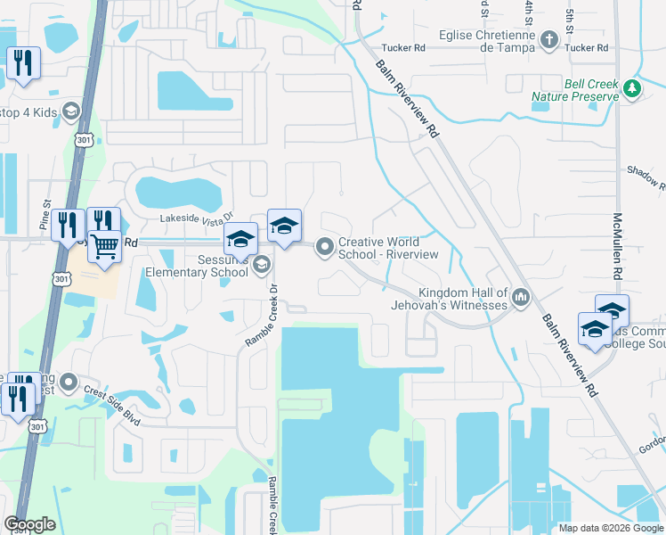 map of restaurants, bars, coffee shops, grocery stores, and more near 11536 Bay Gardens Loop in Riverview