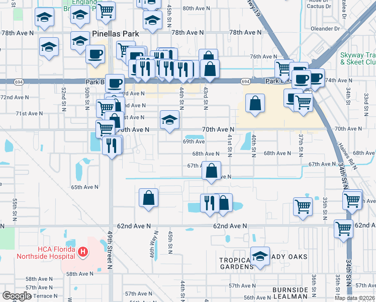 map of restaurants, bars, coffee shops, grocery stores, and more near 4373 68th Avenue North in Pinellas Park