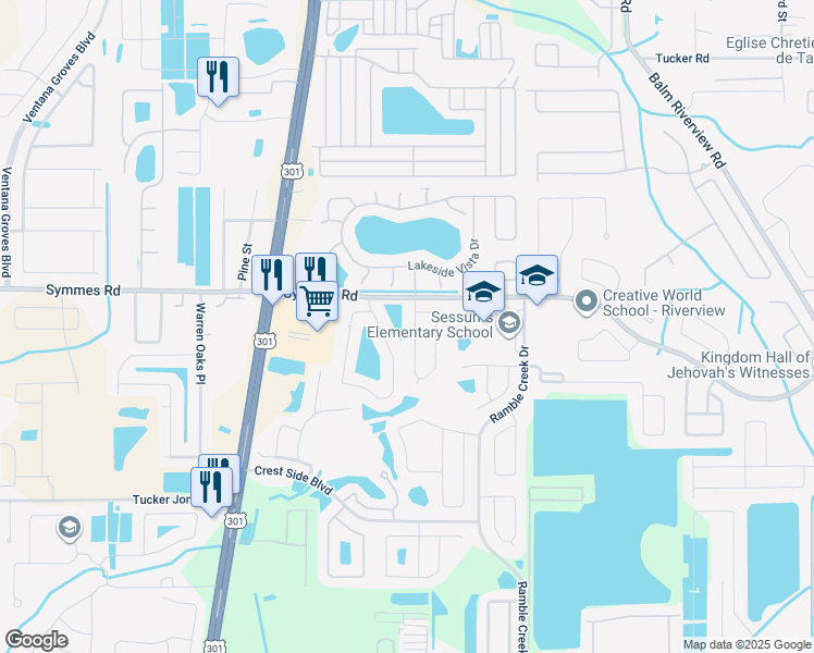 map of restaurants, bars, coffee shops, grocery stores, and more near 11413 Crestlake Village Drive in Riverview